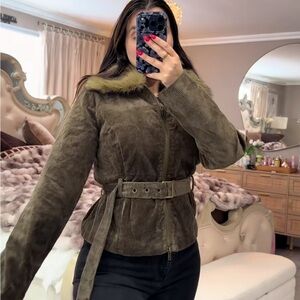 Cider Khaki Faux Fur Collar Belted Jacket